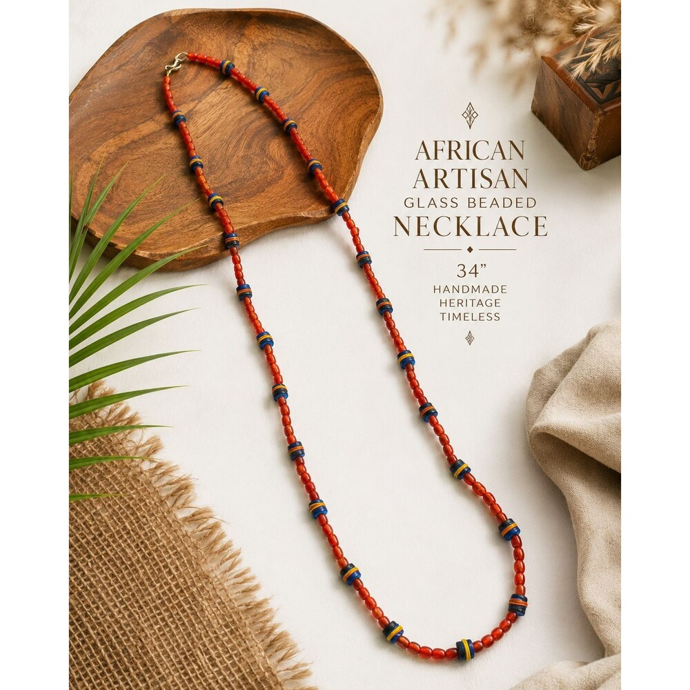 Vintage Jewelry Glass Beaded Long Necklace Handmade African Red Boho Y2K Artisan